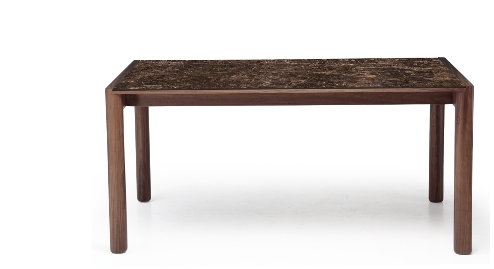 Extending table for 8 to 12 people in walnut and ceramic with ceramic extensions natural wood finish and brown marble-effect ceramic 160x100 cm Extending table for 8 to 12 people in walnut and ceramic with ceramic extensions natural wood finish and brown marble-effect ceramic 160x100 cm