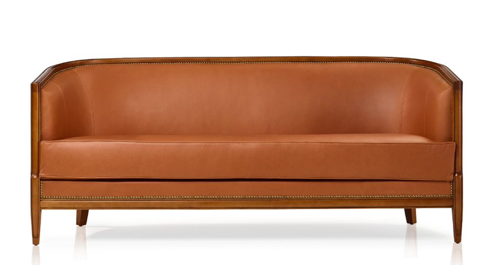 Canapé ancien 3 places accoudoirs moulurés bois teinte ancienne et cuir châtain Canapé ancien 3 places accoudoirs moulurés bois teinte ancienne et cuir châtain