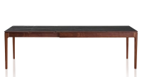 Table extensible 8 à 12 personnes en noyer et céramique allonges céramique avec bois teinte naturelle et plateau et allonges céramique effet marbre noir 180x100 cm