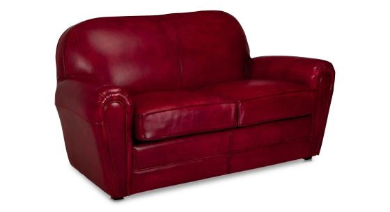 2 seater leather club sofa burgundi piped armrests
