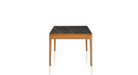 Table extensible en chêne et céramique allonges céramique avec bois teinte merisier et plateau et allonges céramique effet marbre noir 140x90 cm