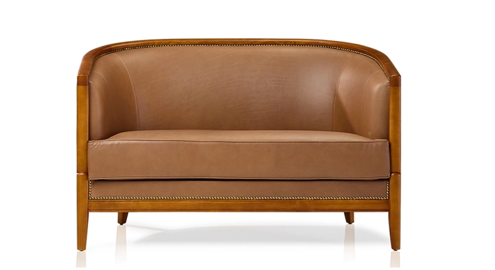 Antique 2 seater sofa Cherry-stained wood and hazelnut leather