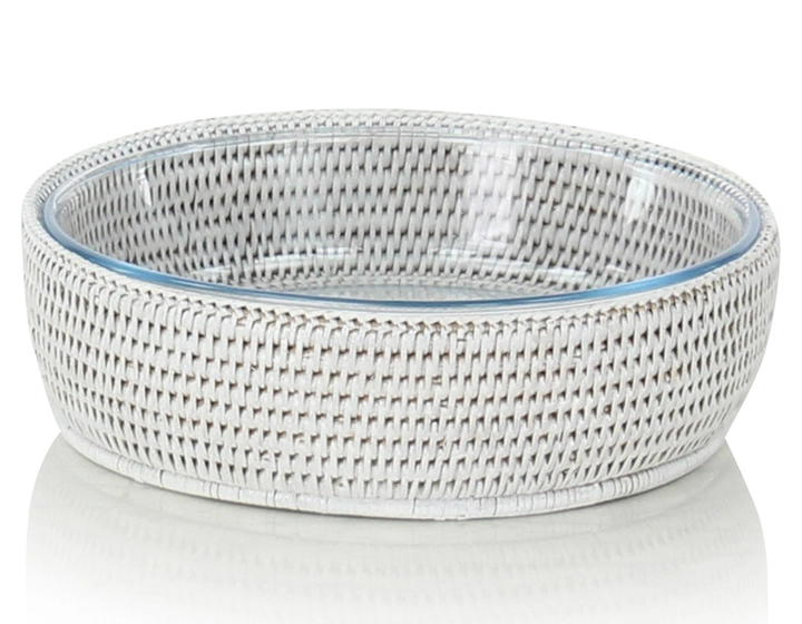 Plat pyrex rond avec support en rotin blanc Plat pyrex rond avec support en rotin blanc