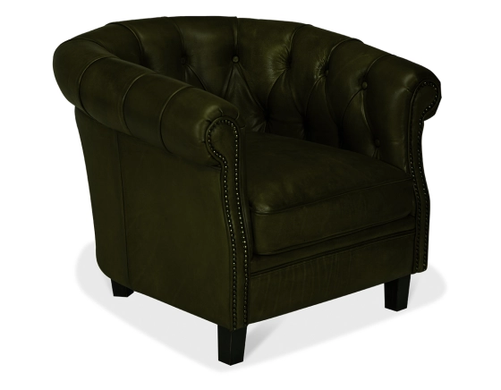 Fauteuil chesterfield cuir vert olive accoudoirs cloutés