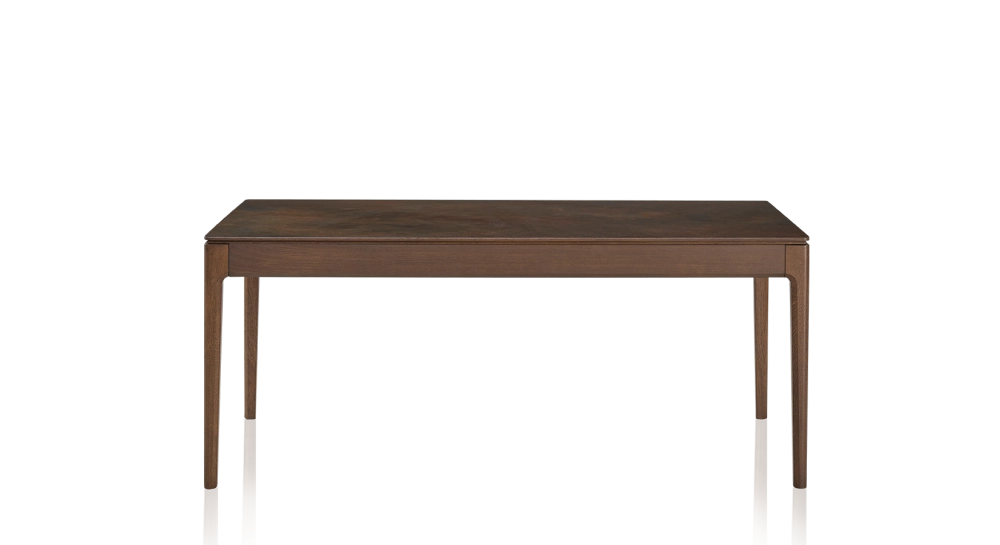 Table extensible 6 à 10 personnes en chêne et céramique allonges bois avec bois teinte marron foncé et plateau céramique brun oxydé 140x90 cm Table extensible 6 à 10 personnes en chêne et céramique allonges bois avec bois teinte marron foncé et plateau céramique brun oxydé 140x90 cm