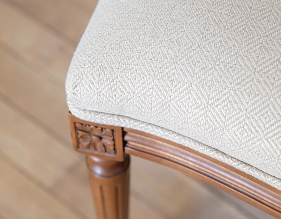 Antique Louis XVI style chair wood stained in antique style and beige chevron fabric