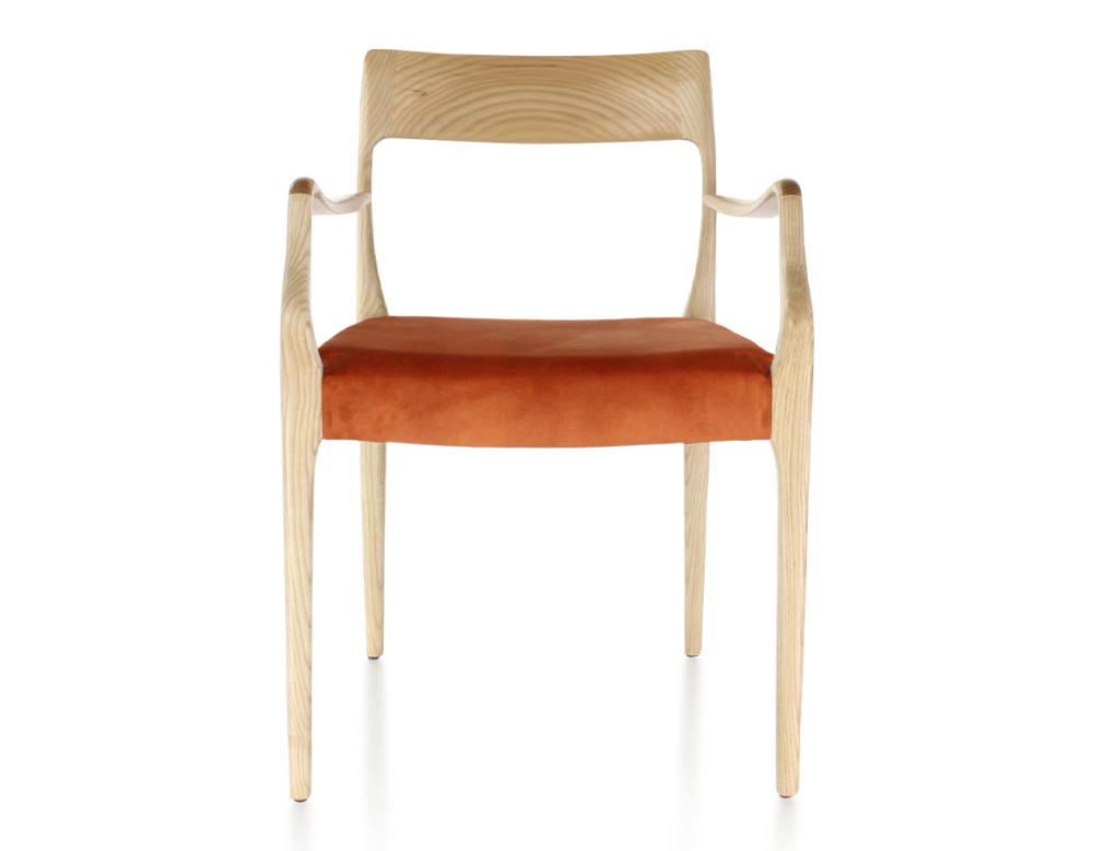 Scandinavian armchair with armrests wood stained natural seat terracotta velvet fabric Scandinavian armchair with armrests wood stained natural seat terracotta velvet fabric
