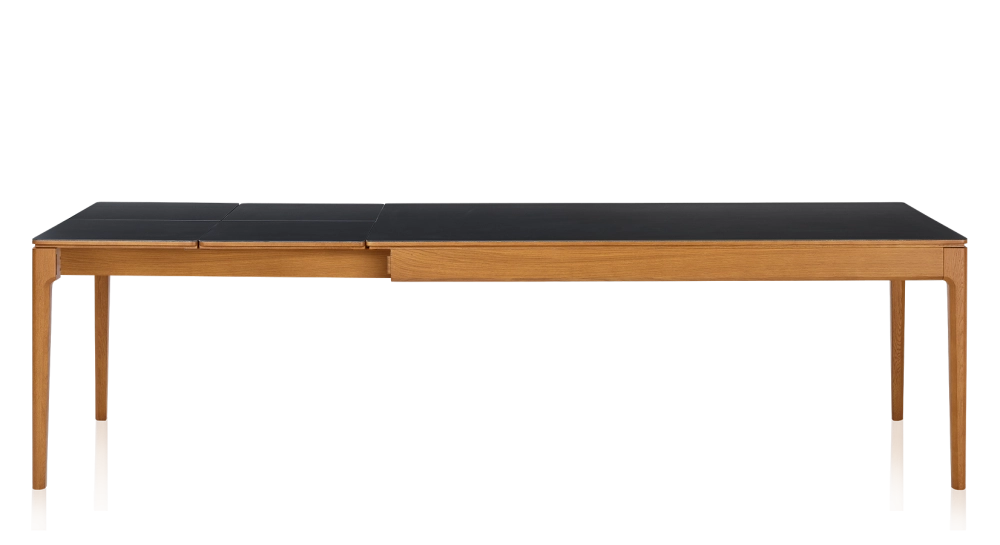 Table extensible 8 à 12 personnes en chêne et céramique allonges céramique avec bois teinte merisier et plateau et allonges céramique noire unie 180x100 cm