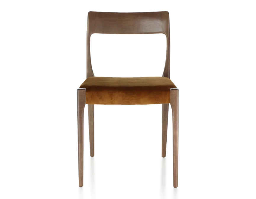 Chaise scandivave bois teinte marron foncé assise tissu velours bronze
