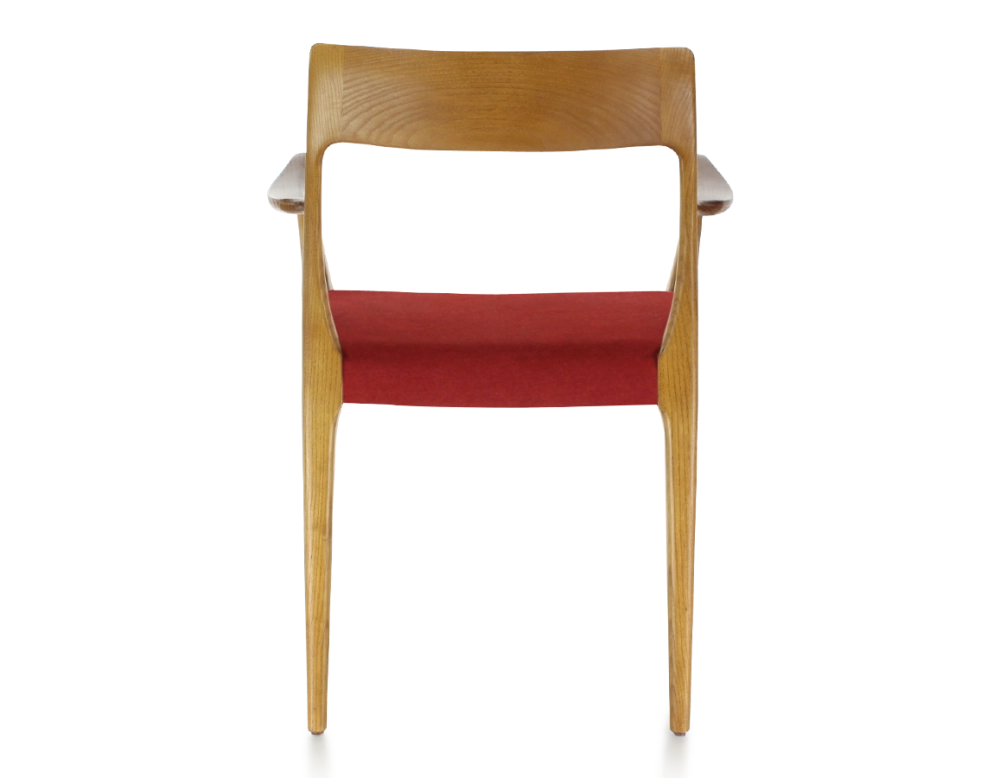 Scandinavian armchair with armrests cherry wood stain burgundy fabric seat Scandinavian armchair with armrests cherry wood stain burgundy fabric seat