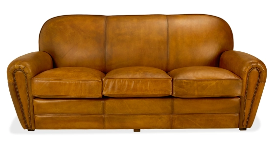Canapé club cuir 3 places cognac accoudoirs cloutés