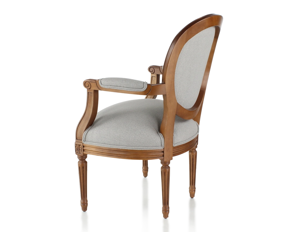 Fauteuil ancien style Louis XVI bois teinte ancienne et tissu gris clair Fauteuil ancien style Louis XVI bois teinte ancienne et tissu gris clair