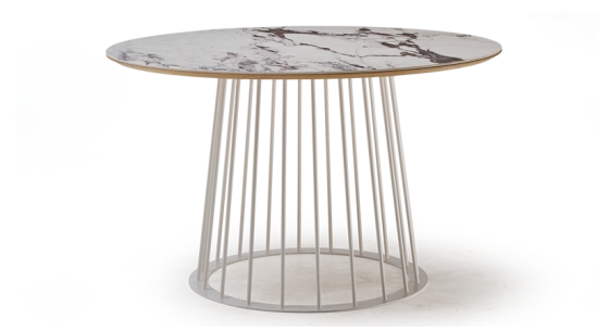 Round dining table in oak and ceramic. white metal base and white marble-effect ceramic top m3 120x120