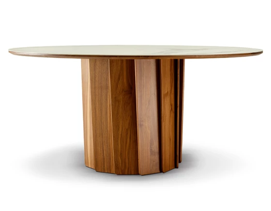 Table salle à manger ronde en noyer et céramique teinte naturelle plateau effet marbre blanc 120 cm