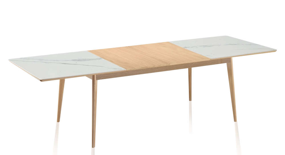 Table extensible 8 à 14 personnes en chêne et céramique allonges bois avec bois teinte naturelle et plateau céramique effet marbre blanc 210x100 cm Table extensible 8 à 14 personnes en chêne et céramique allonges bois avec bois teinte naturelle et plateau céramique effet marbre blanc 210x100 cm