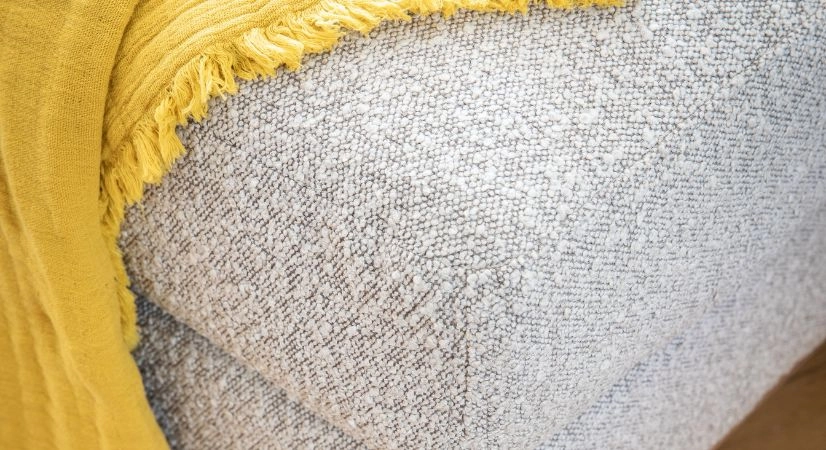 Canapé d'angle 5 places tissu bouclé taupe clair (2G - A - 2D) Canapé d'angle 5 places tissu bouclé taupe clair (2G - A - 2D)