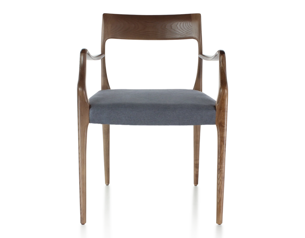 Chaise scandinave avec accoudoirs bois teinte marron foncé assise tissu gris Chaise scandinave avec accoudoirs bois teinte marron foncé assise tissu gris
