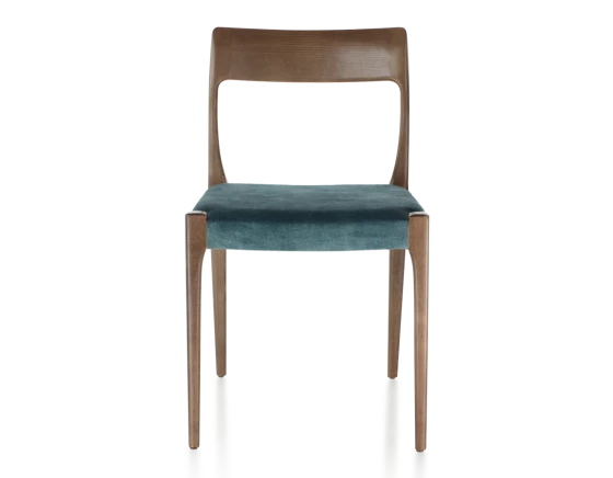 Chaise scandivave bois teinte marron foncé assise tissu velours bleu pétrole
