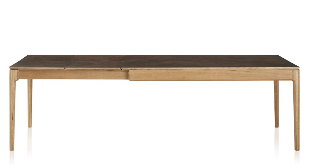Table extensible 8 à 12 personnes en chêne et céramique allonges céramique avec bois teinte naturelle et plateau et allonges céramique brun oxydé 180x100 cm