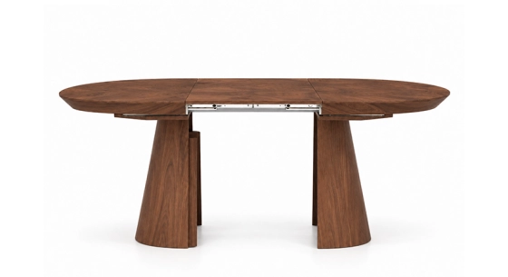 Table ronde extensible 4 à 8 personnes en noyer avec plateau et allonges bois teinte naturelle 130x130 cm