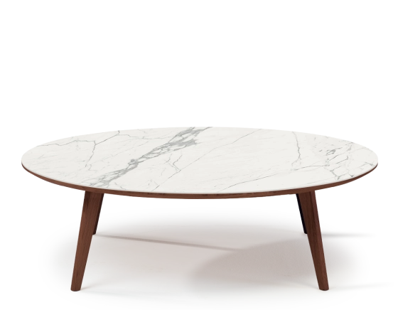 Round coffee table F1 in oak and ceramic dark brown stained wood with a white marble-effect ceramic top m1. 90x90x30 cm
