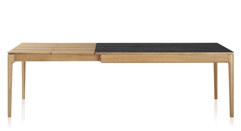 Table extensible 8 à 14 personnes en chêne et céramique allonges bois avec bois teinte naturelle et plateau céramique effet marbre noir 210x100 cm Table extensible 8 à 14 personnes en chêne et céramique allonges bois avec bois teinte naturelle et plateau céramique effet marbre noir 210x100 cm