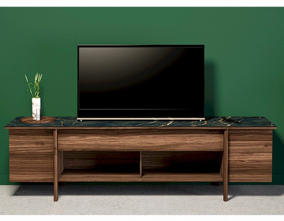 Walnut and black marble ceramic TV stand