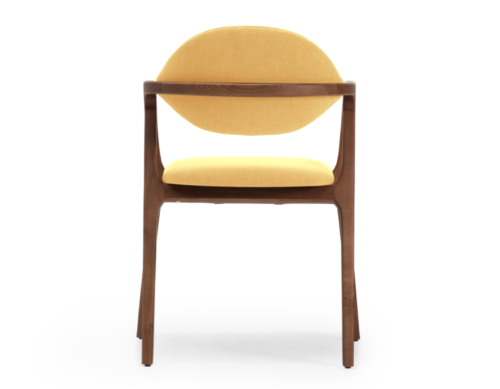 Designer armchair dark brown stained wood and yellow fabric Designer armchair dark brown stained wood and yellow fabric