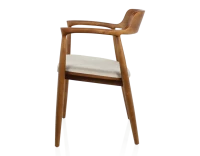Chaise scandinave bois teinte merisier assise tissu chevron beige