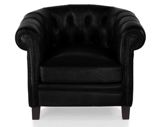 Fauteuil chesterfield cuir noir accoudoirs cloutés