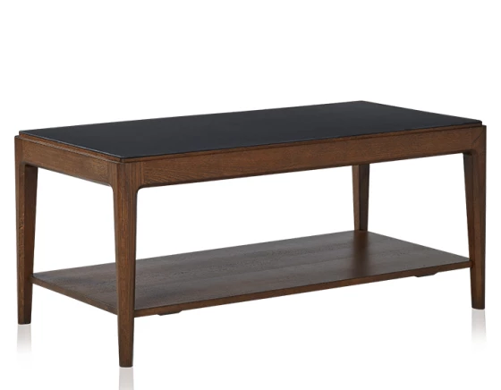 Table basse rectangulaire en chêne et céramique avec tablette en bois teinte marron foncé plateau céramique noir unie 100x50 cm