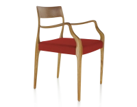 Scandinavian armchair with armrests cherry wood stain burgundy fabric seat Scandinavian armchair with armrests cherry wood stain burgundy fabric seat