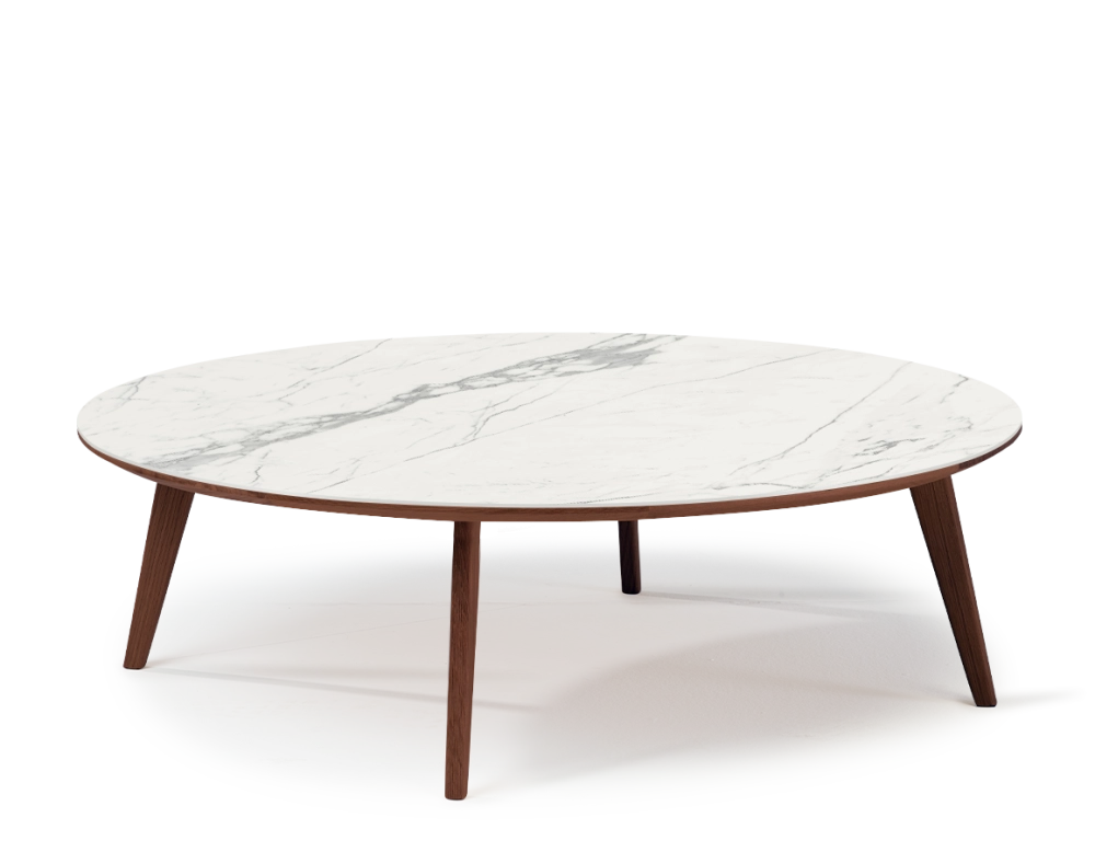 Round coffee table F1 in oak and ceramic dark brown stained wood with a white marble-effect ceramic top m1. 120x120x40 cm
