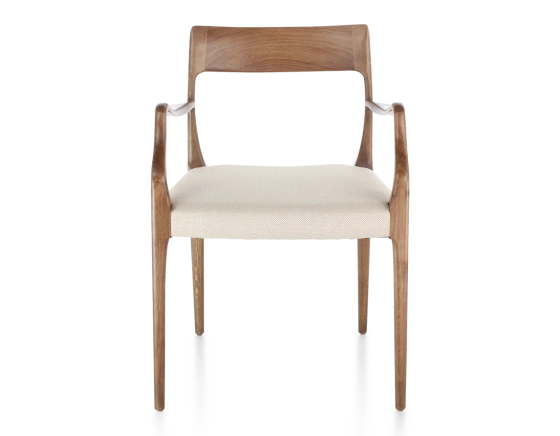 Chaise scandinave avec accoudoirs bois teinte noyer assise tissu chevron beige