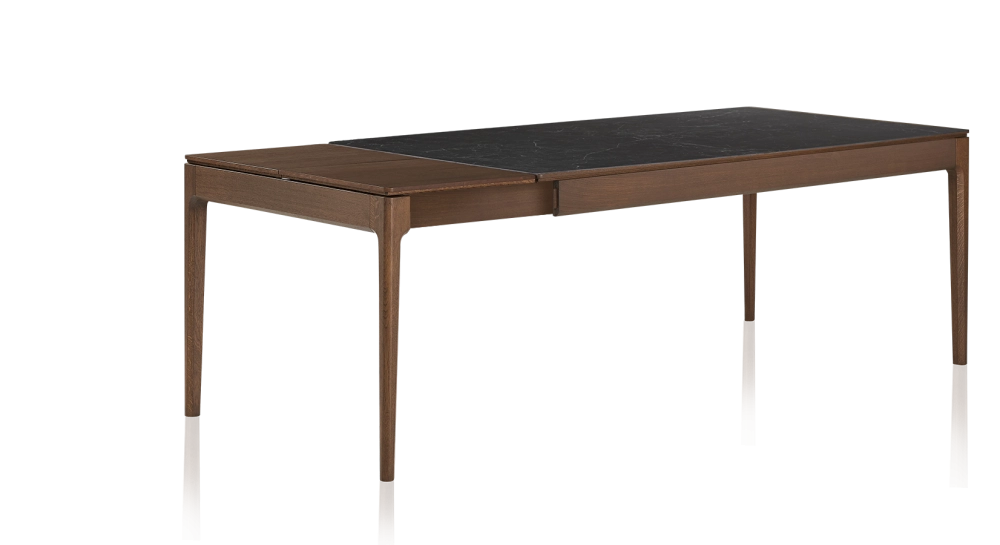 Table extensible 8 à 12 personnes en chêne et céramique allonges bois avec bois teinte marron foncé et plateau céramique effet ardoise 160x100 cm Table extensible 8 à 12 personnes en chêne et céramique allonges bois avec bois teinte marron foncé et plateau céramique effet ardoise 160x100 cm