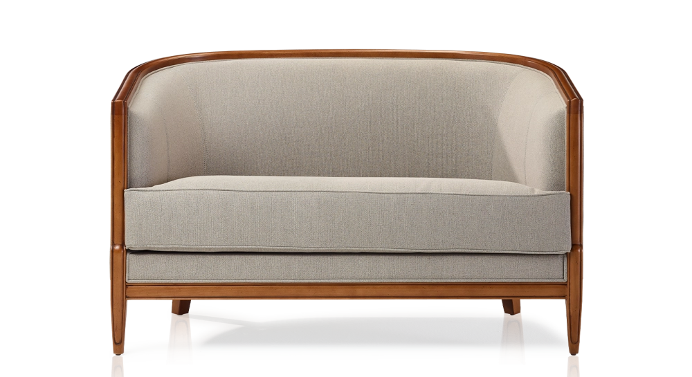 Canapé ancien 2 places accoudoirs moulurés bois teinte ancienne et tissu beige naturel