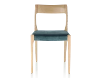 Chaise scandivave bois teinte naturelle assise tissu velours bleu pétrole