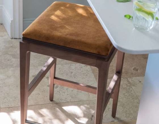 H60 cm designer bar stool wood stained walnut seat bronze velvet fabric
