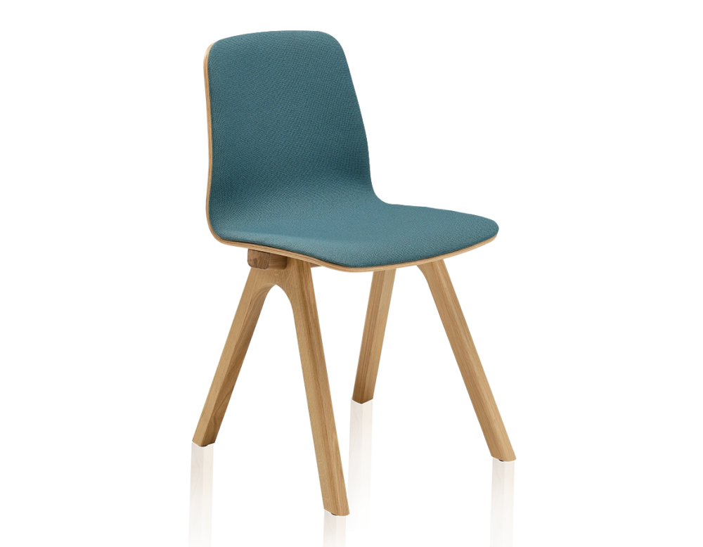 Chaise design en chêne tapissé bois teinte naturelle assise tissu bleu océan Chaise design en chêne tapissé bois teinte naturelle assise tissu bleu océan