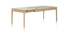 Extendable table for 8 to 12 people in oak and ceramic with ceramic extensions with natural stained wood and white marble effect ceramic top and extensions 180x100 cm