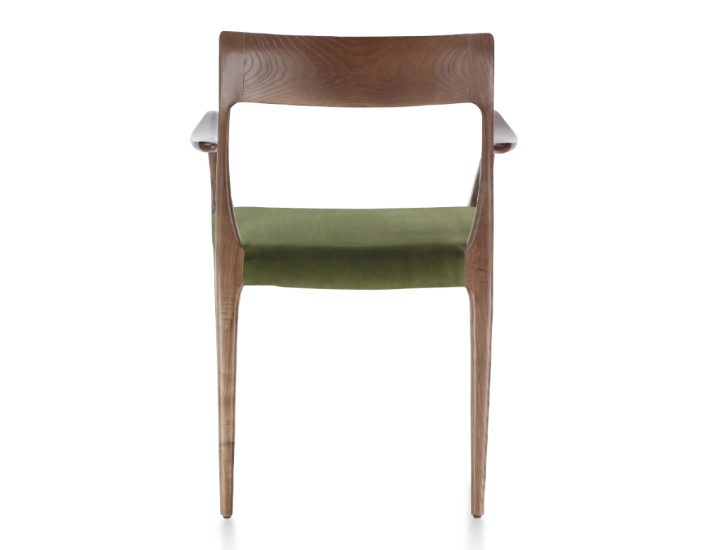 Chaise scandinave avec accoudoirs bois teinte marron foncé assise tissu vert olive Chaise scandinave avec accoudoirs bois teinte marron foncé assise tissu vert olive