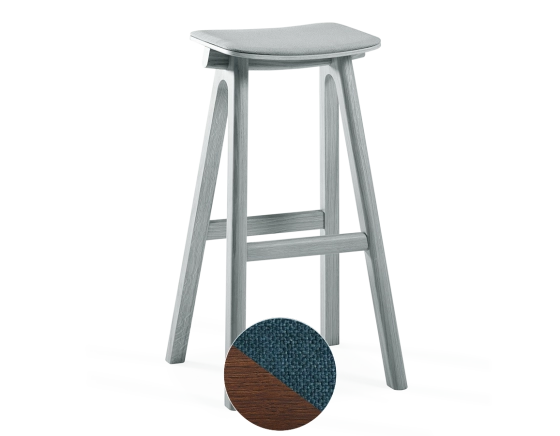 Tabouret de bar en chêne tapissé H80 cm bois teinte marron foncé assise tissu bleu océan