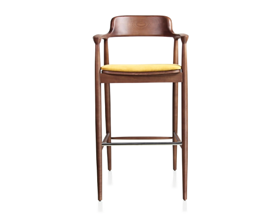Tabouret de bar h80 cm bois teinte noyer assise tissu jaune