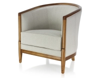 Antique armchair with moulded armrests wood stained antique and natural beige fabric Antique armchair with moulded armrests wood stained antique and natural beige fabric
