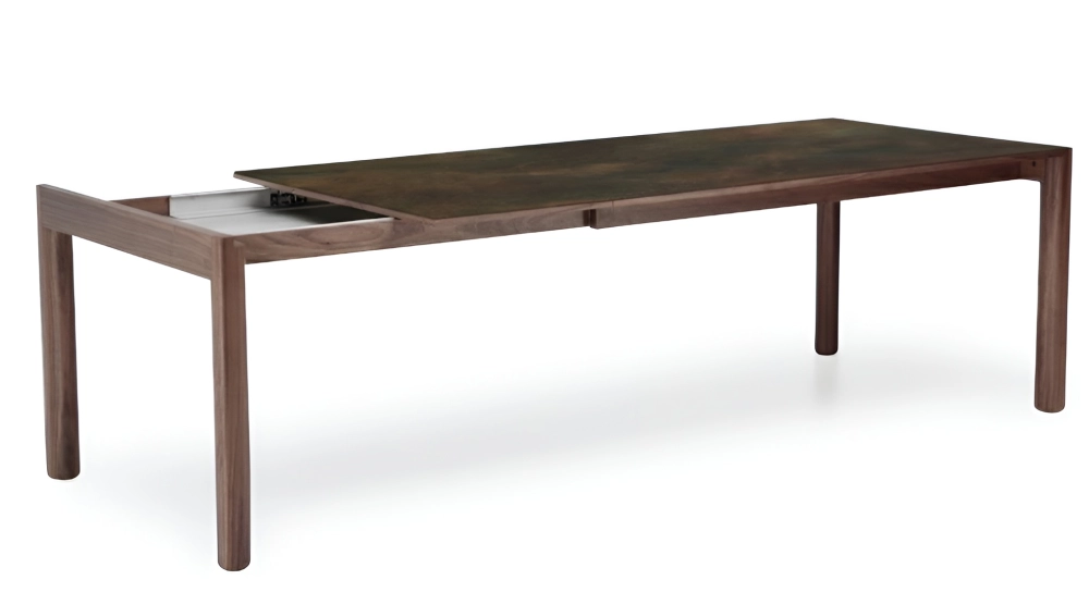 Table extensible 8 à 12 personnes en noyer et céramique allonges céramique bois teinte naturelle et céramique brun oxydé 160x100 cm