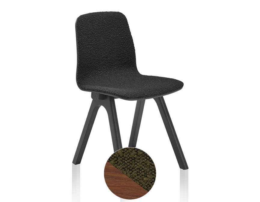 Chaise design en chêne tapissé bois teinte noyer assise tissu bouclé vert