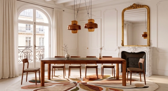 Table extensible 6 à 12 personnes en noyer et céramique allonges bois avec bois teinte naturelle et plateau céramique effet marbre noir 200x100 cm