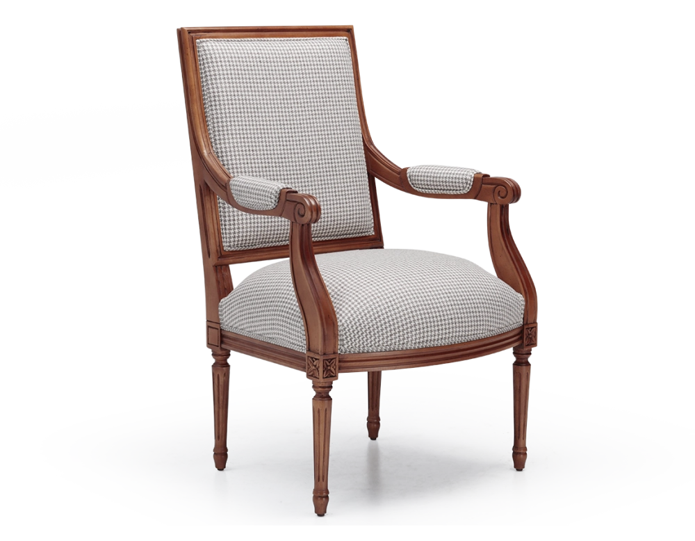 Louis XVI style antique armchair wood antique stain and brown fabric Louis XVI style antique armchair wood antique stain and brown fabric