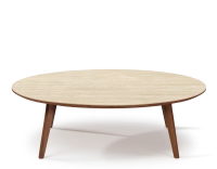 Round walnut and ceramic F1 coffee table natural wood finish with ceramic top in travertine stone effect. 110x110x40 cm
