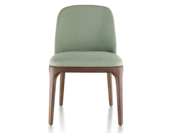 Designer chair dark brown stained wood and sage green fabric